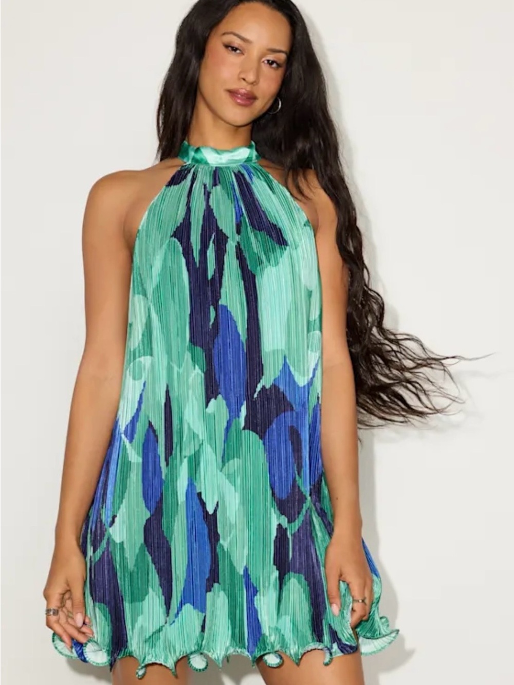 Lulus Green & Blue Pleated Halter Mini Dress